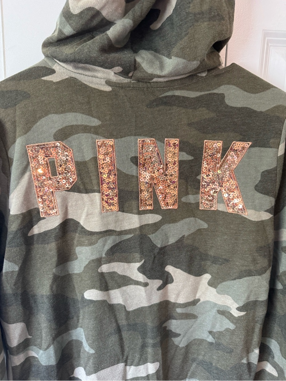 Victoria's Secret PINK Camo Hoodie with Rose-Gold Sequin Logo
